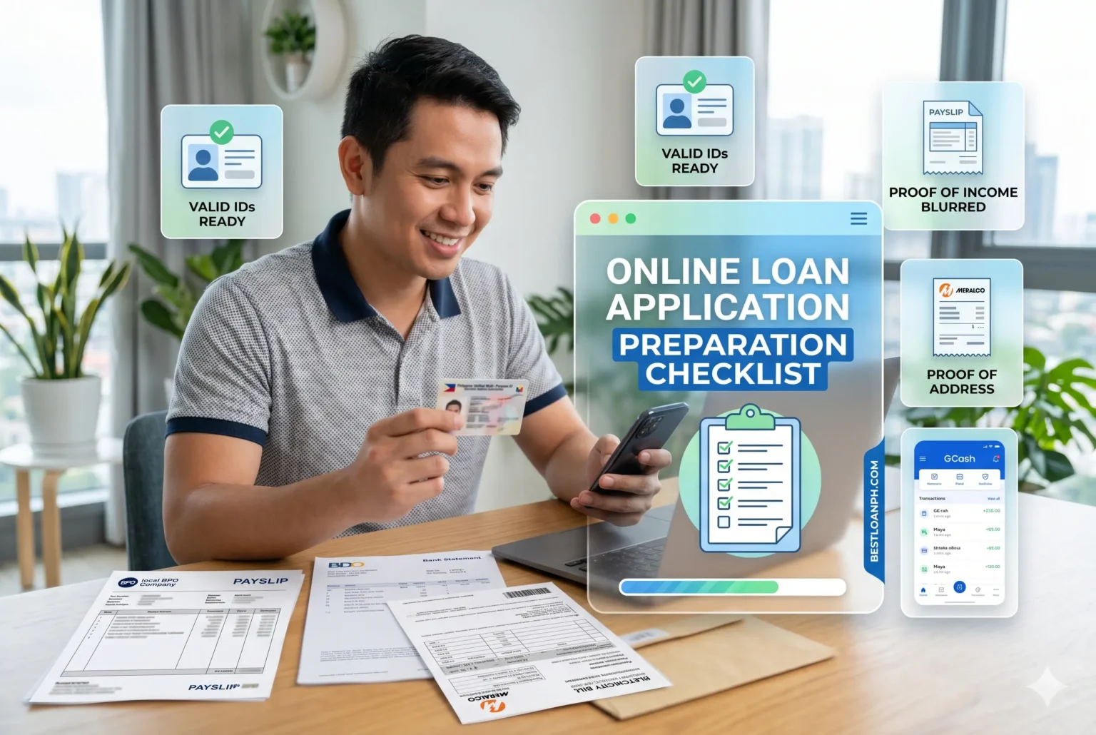 Checklist showing valid IDs, selfie verification, mobile number stability, and e-wallet consistency for online loan approval