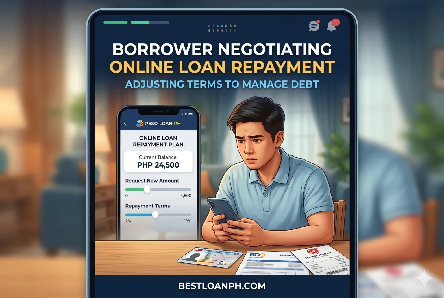 Filipino borrower communicating with online lender about repayment restructuring