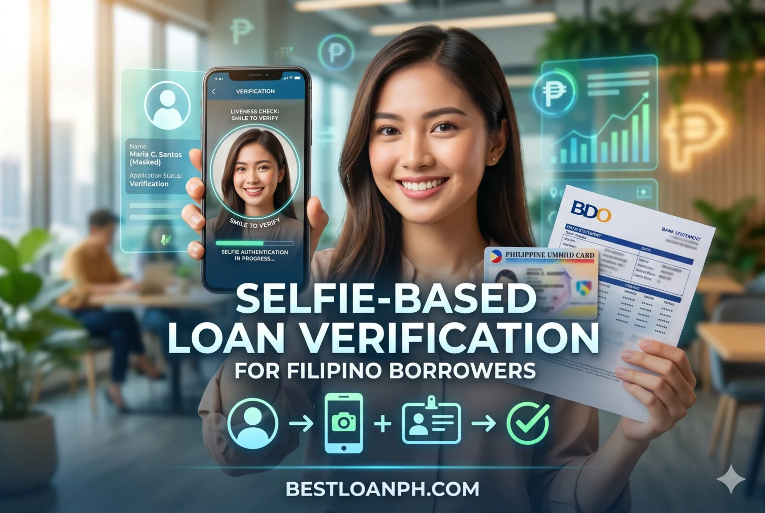 Filipino borrower completing selfie verification and ID scanning for online loan approval