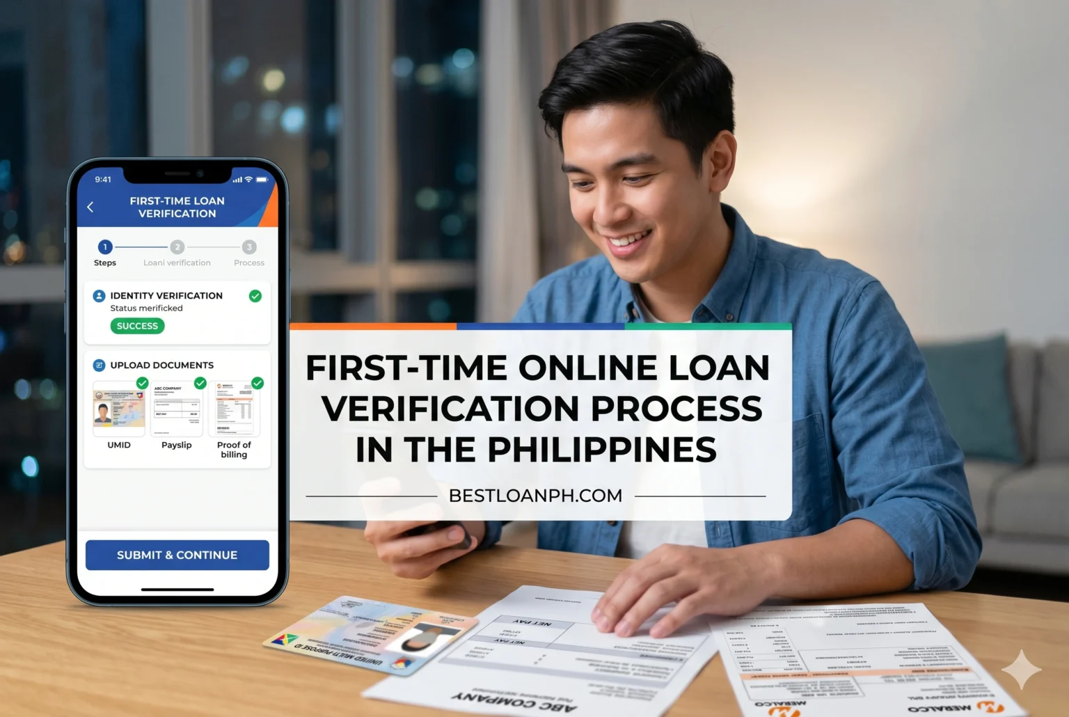 Filipino first-time borrower completing selfie verification and ID submission for online loan approval