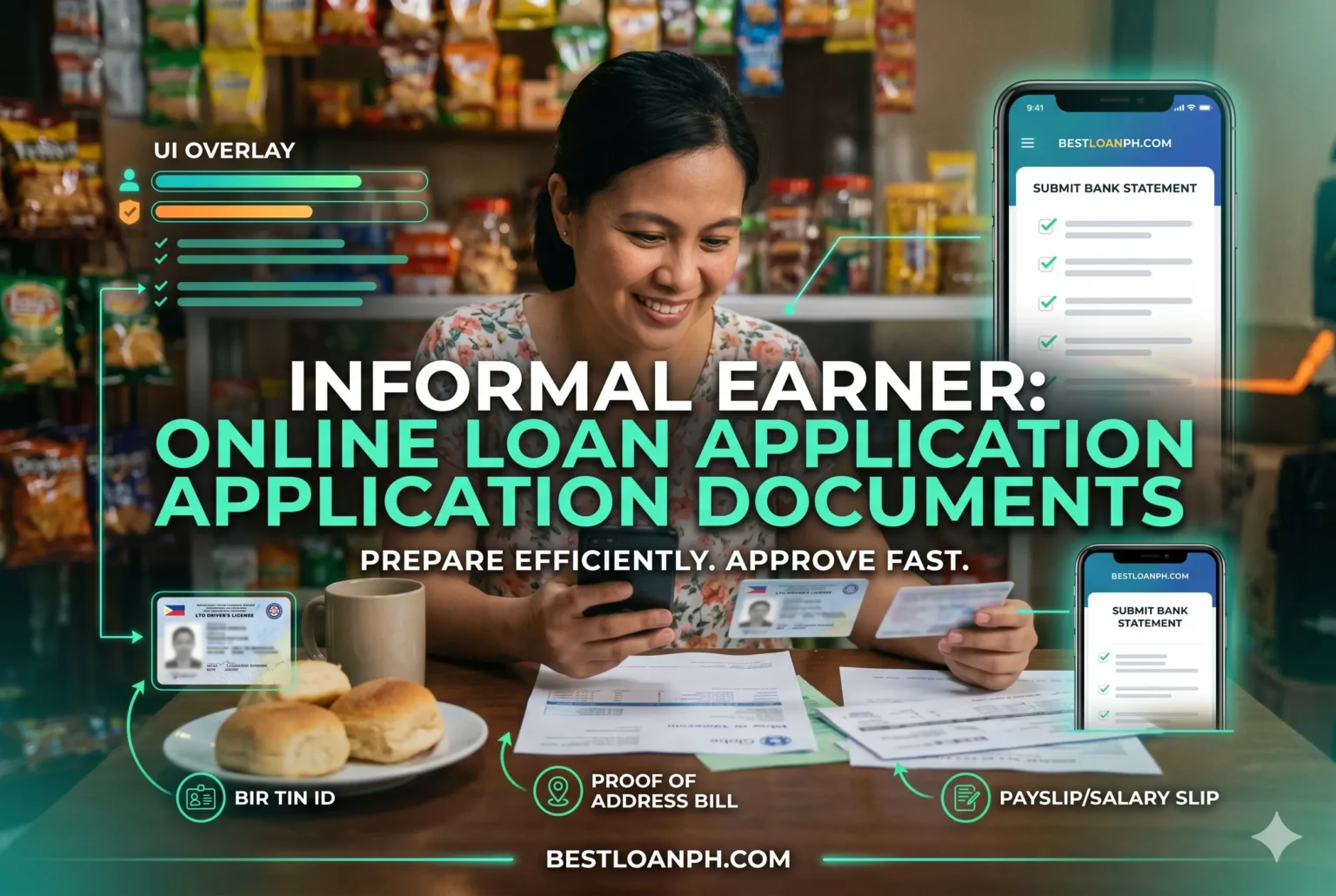 Freelancer organizing GCash records and IDs before applying for utang online without payslip