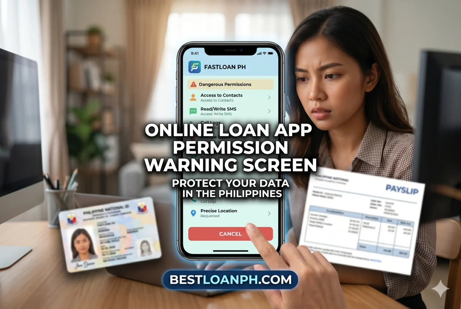 Online Loan App Permission Warning Screen Philippines Safe utang online app showing limited permissions compared to risky lending apps requesting contacts and SMS access