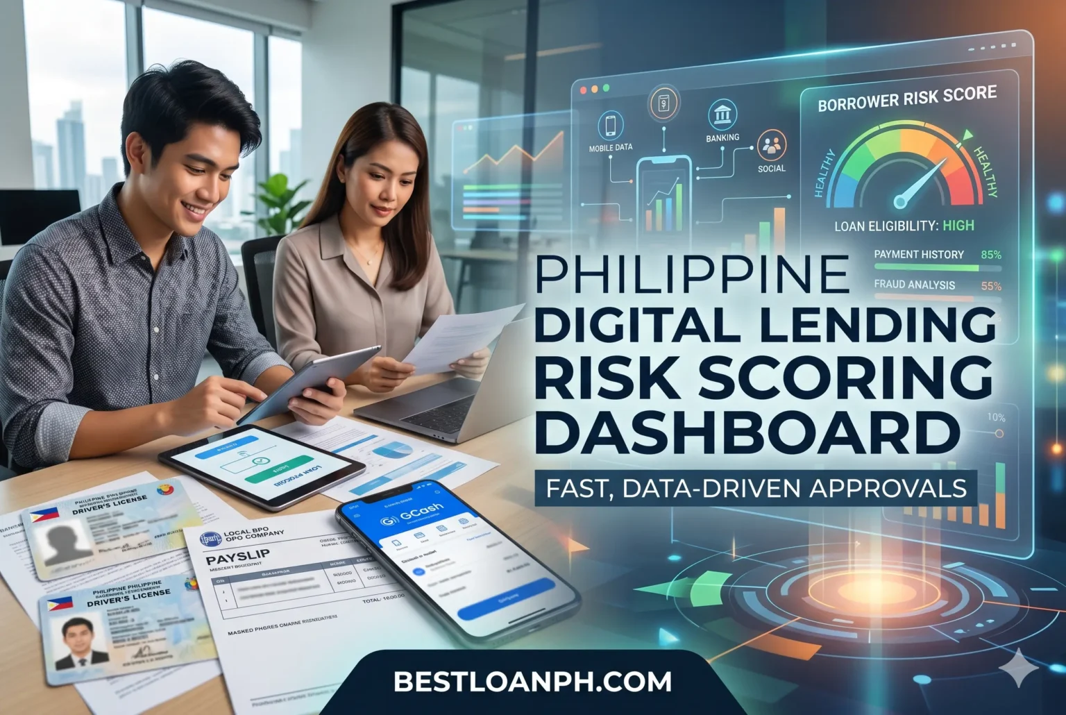 Utang online rejection risk scoring system showing fraud detection, device tracking, and borrower verification indicators