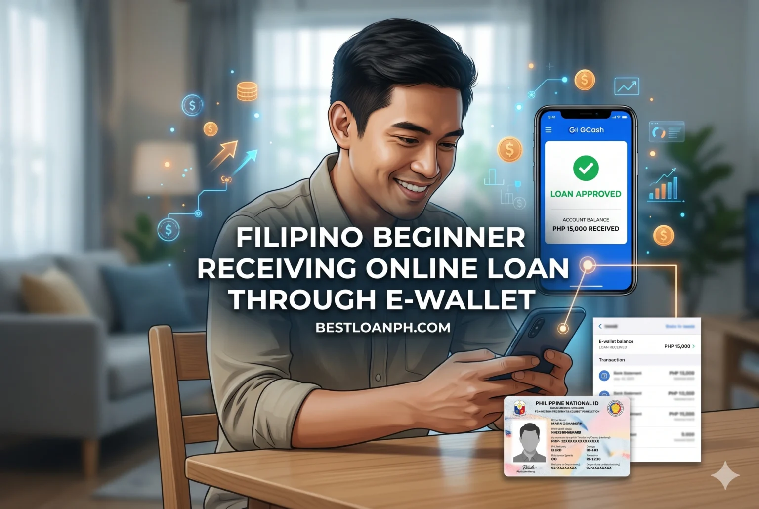 Young Filipino first-time borrower receiving approved online loan funds through mobile e-wallet