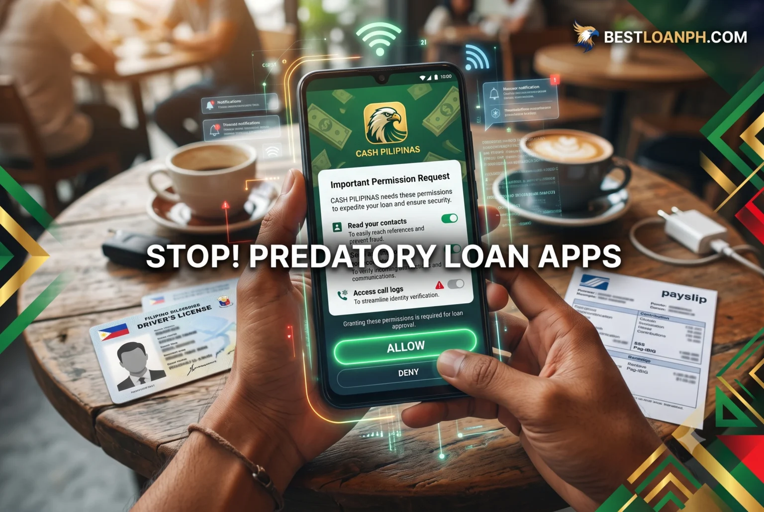 Android permission screen showing a fake loan app requesting access to contacts, call logs, and SMS messages, highlighting the technical mechanism of data scraping.