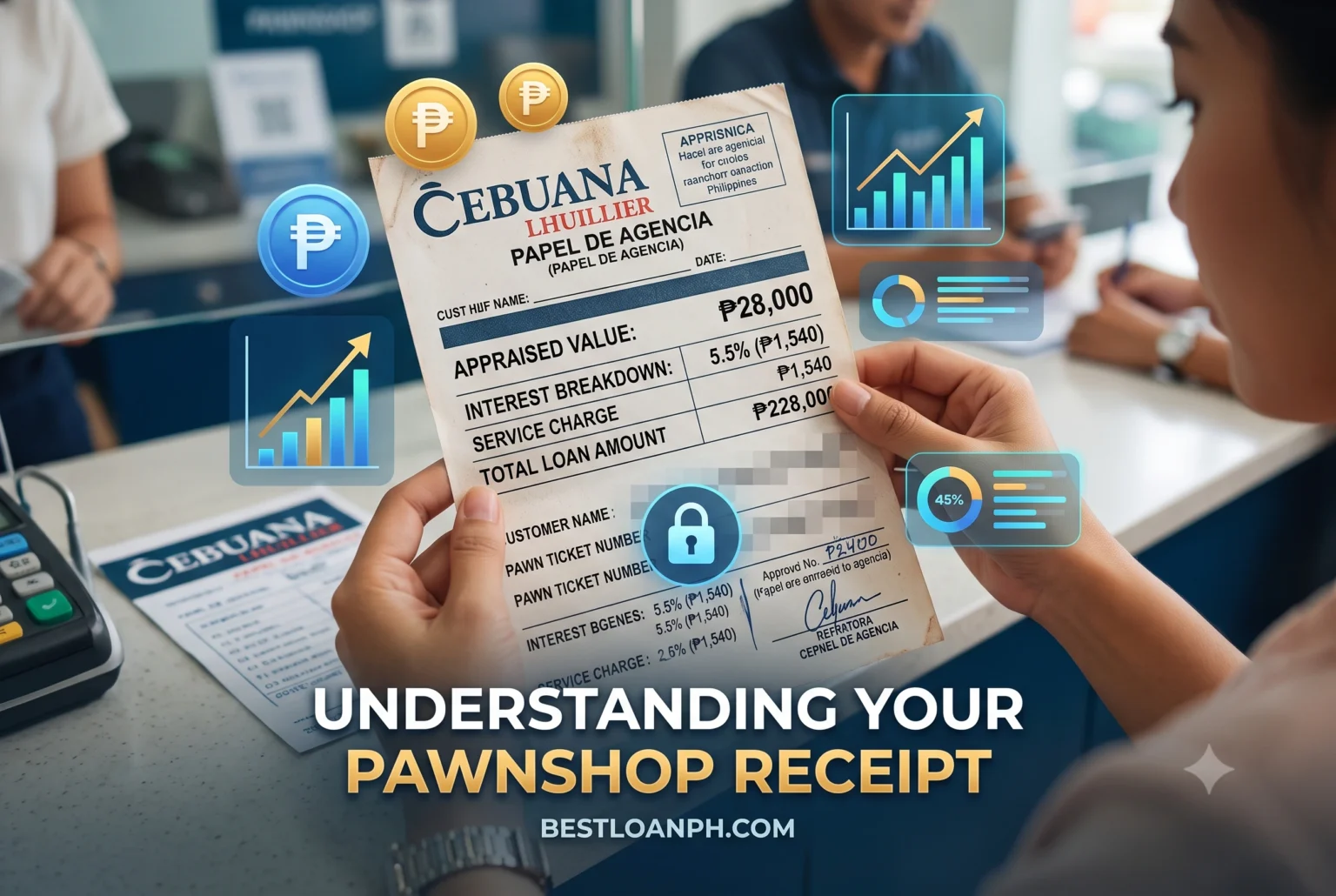 A close-up, unedited photograph of a physical pawnshop receipt (papel de agencia) in the Philippines, with the customer name and pawn ticket number securely blurred out, showing the appraised value and interest breakdown. A realistic pawn ticket from a Philippine pawnshop showing loan amount and interest terms, serving as a non-digital borrowing alternative.