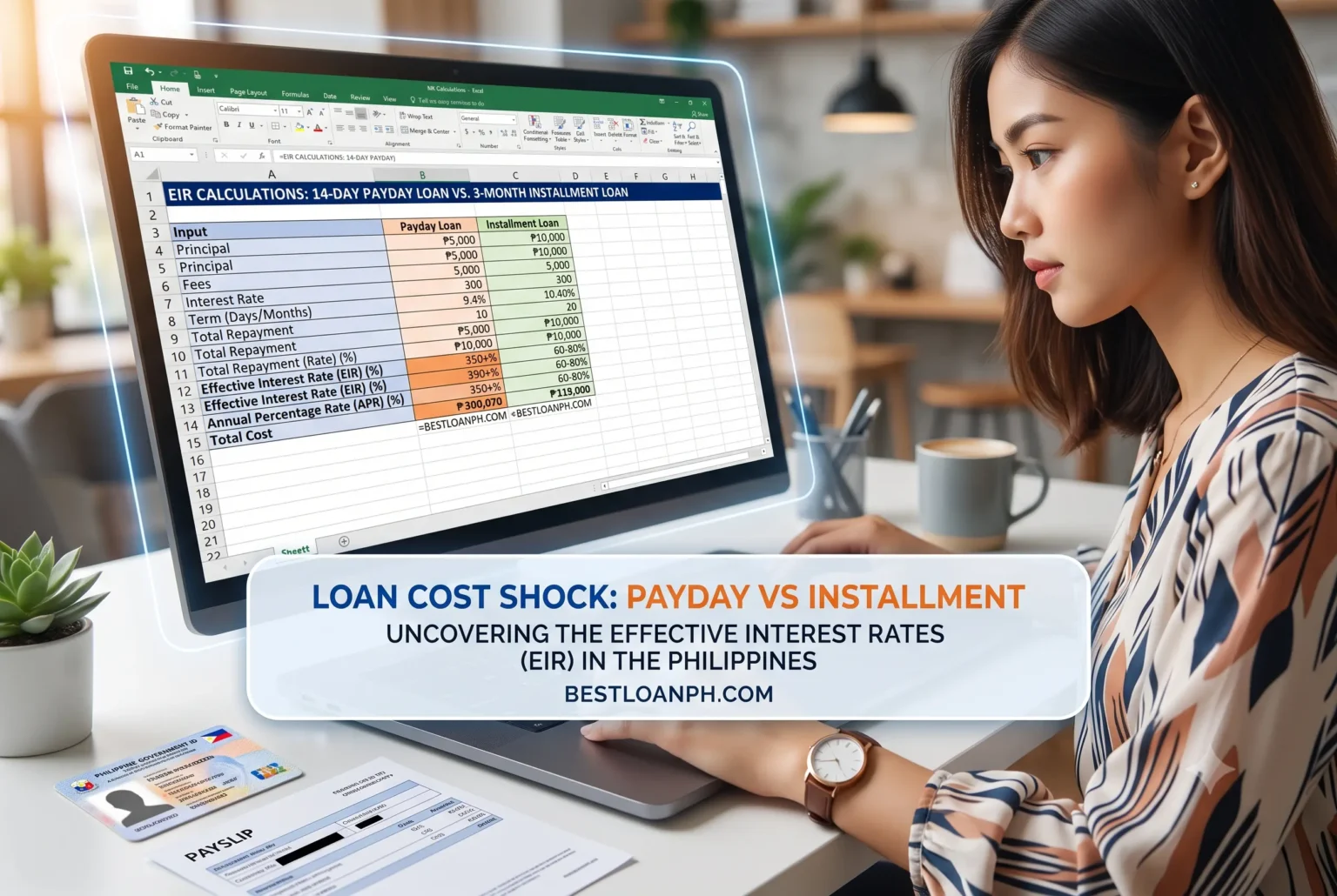 A close-up photograph of a laptop screen displaying a complex Excel spreadsheet, mapping out the Effective Interest Rate (EIR) calculations comparing a 14-day payday loan vs a 3-month digital installment loan. An authentic Excel spreadsheet breaking down the hidden processing fees and Effective Interest Rate (EIR) of a Philippine online cash loan