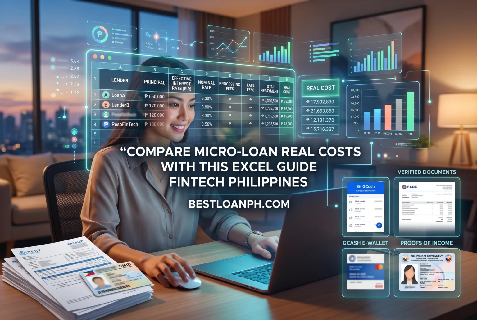 Excel spreadsheet detailing a PHP 1,000 loan breakdown, showing a 5 percent processing fee deducted upfront, and a 15 percent monthly interest rate highlighting the exact payback amount.