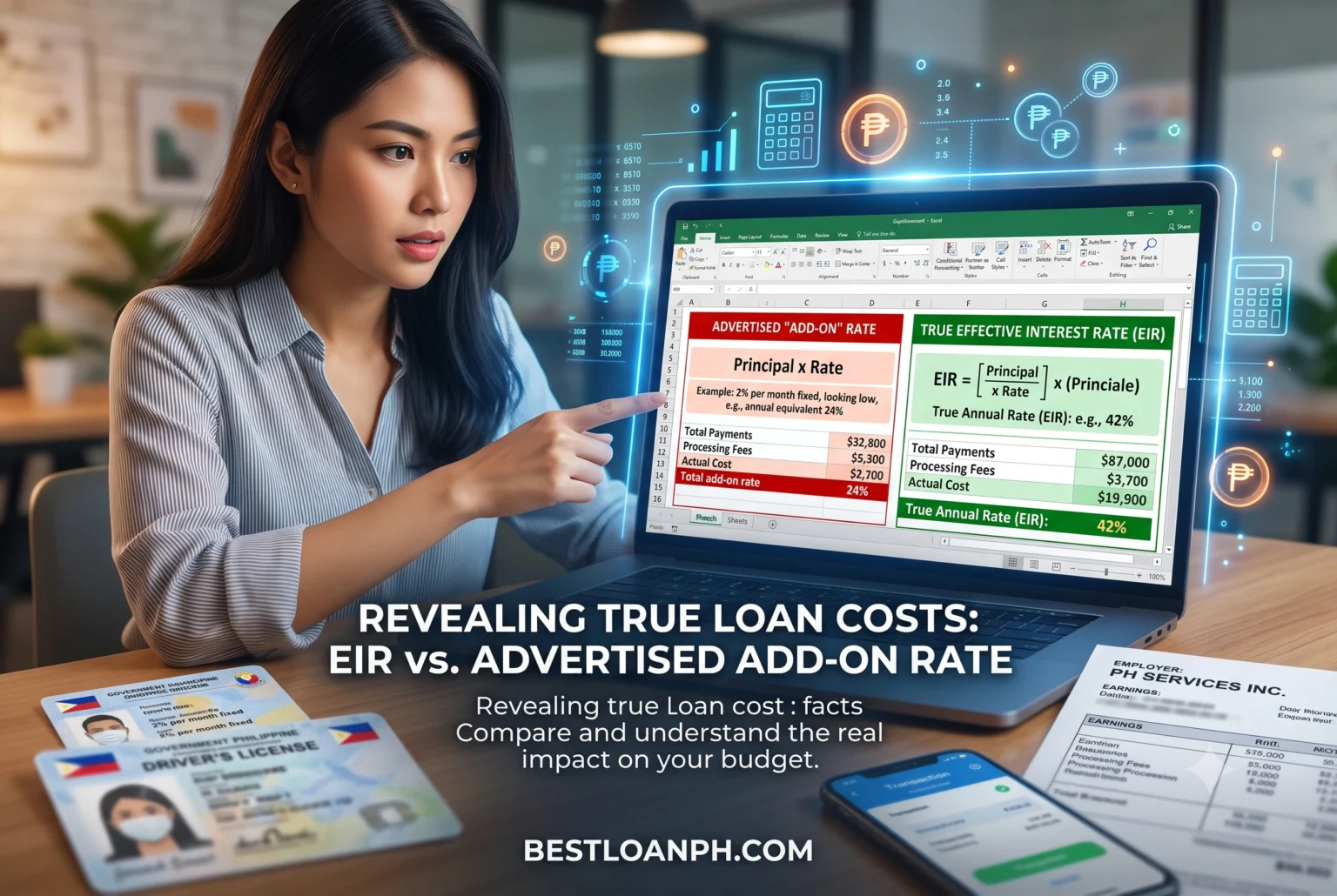 An Excel spreadsheet comparing the advertised 3 percent add-on monthly interest rate against the actual 5.4 percent Effective Interest Rate for a PHP 15,000 cash loan.