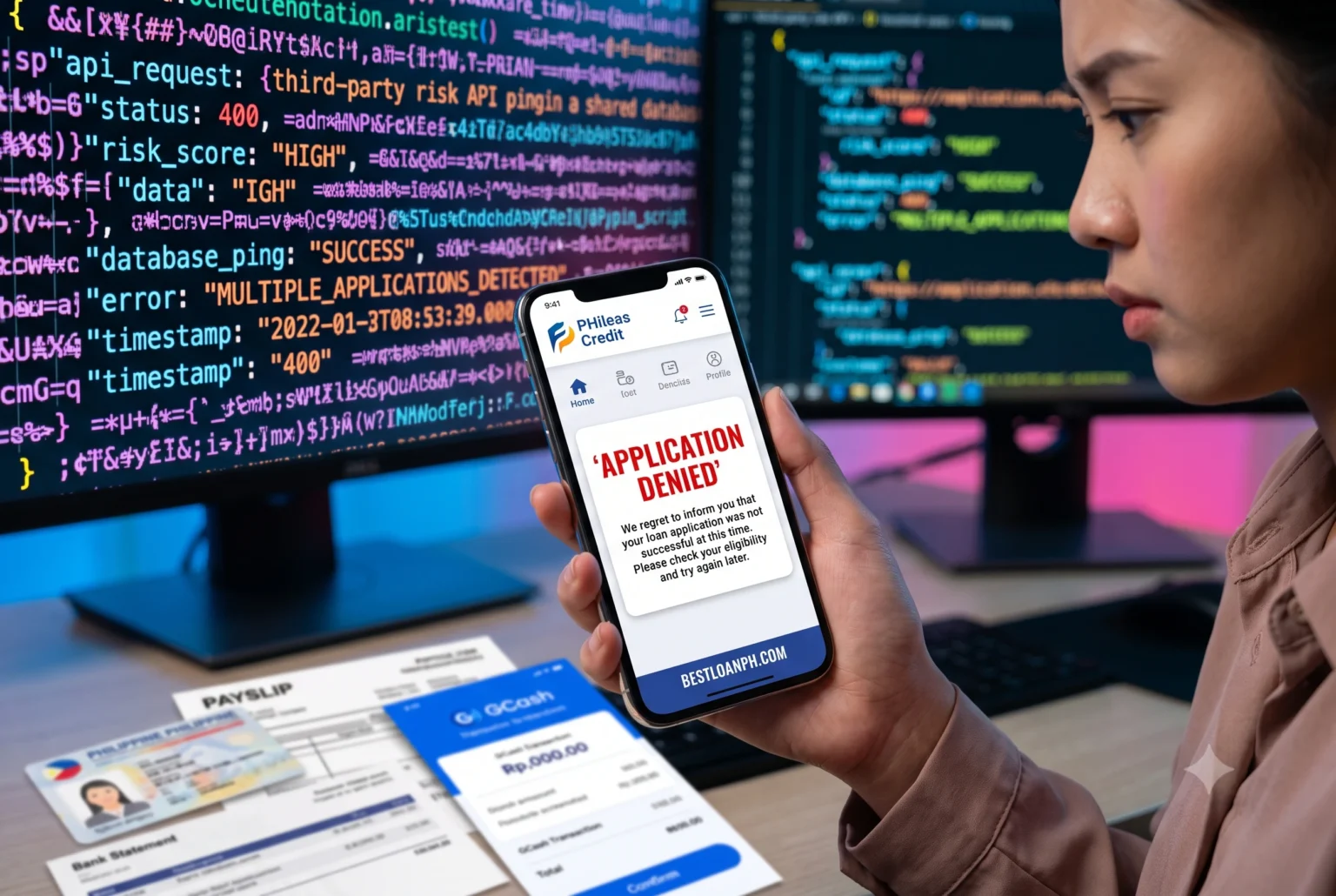 Mobile phone screen showing an instant "Application Denied" notification, overlaid on top of a blurred background showing JSON code of a third-party risk API pinging a shared database. First-person perspective of a smartphone displaying a loan rejection screen next to backend API code demonstrating shared risk data between Philippine lending apps