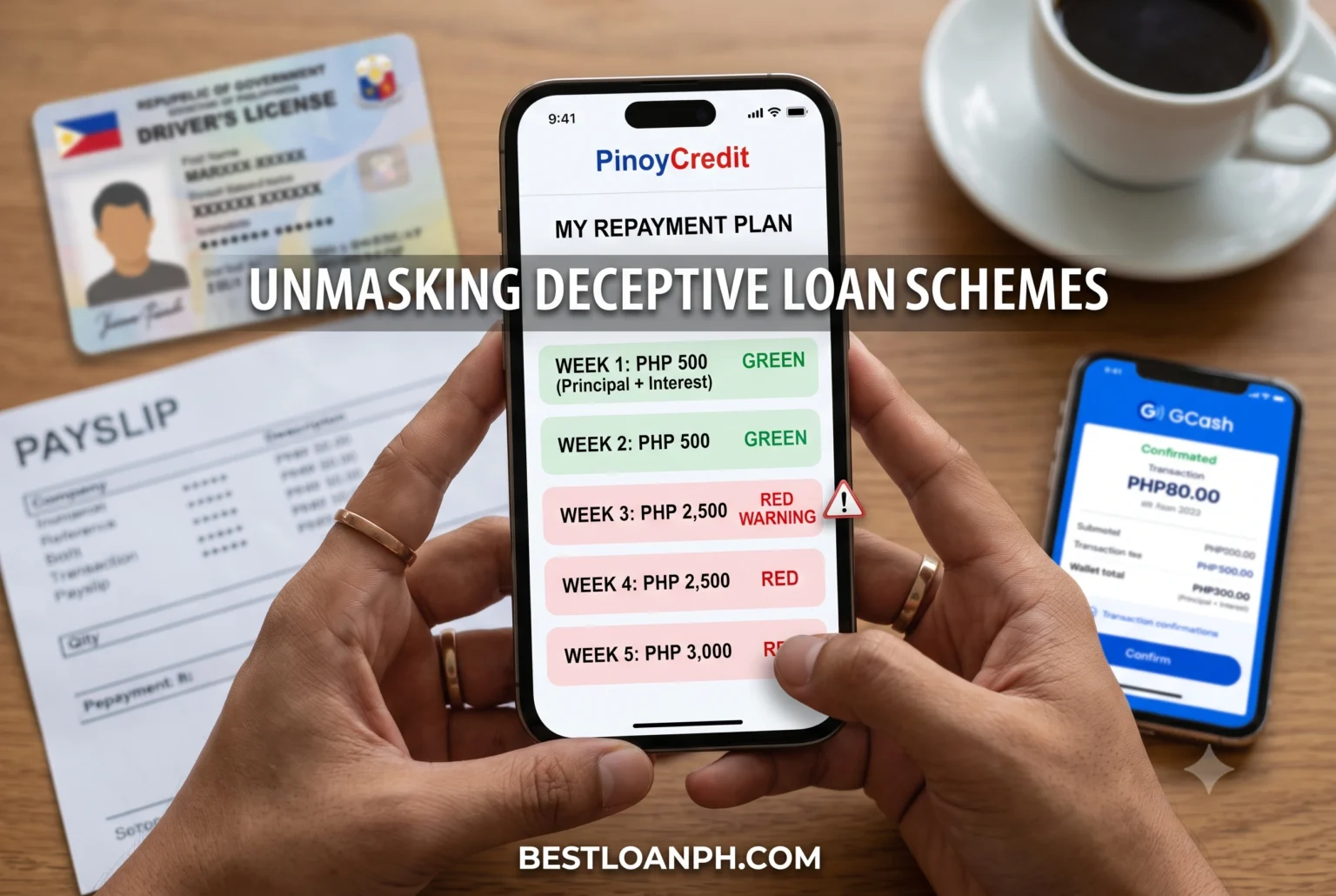 A blurred screenshot of a Philippine cash loan app showing a misleading 90-day term where 85 percent of the principal is demanded in the first 7 days.