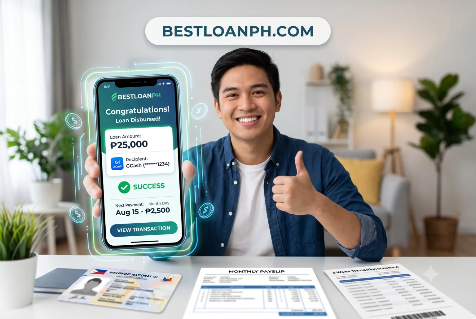 A realistic first-person smartphone screenshot of a digital lending app showing a PHP 5,000 approved loan with a red arrow pointing to a PHP 50 InstaPay GCash transfer fee deduction.