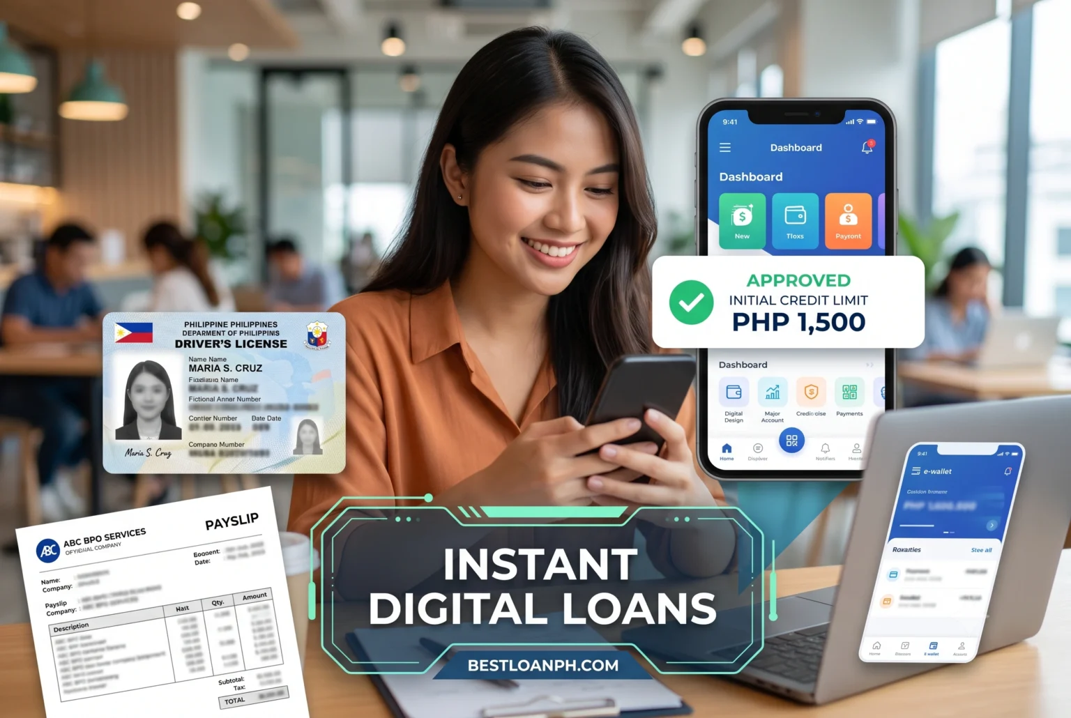 First-person smartphone screenshot of a digital lending app dashboard showing an approved initial credit limit of PHP 1,500, with higher borrowing tiers clearly greyed out and locked until the first successful repayment.