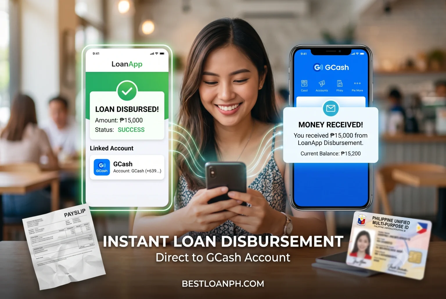 Side-by-side smartphone UI screenshot showing a successful loan disbursement page safely linked to a fully verified GCash mobile wallet, highlighting the exact matching names on both accounts.