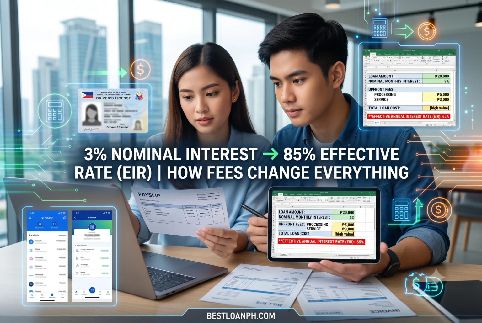 A detailed Excel spreadsheet breakdown showing how a 3 percent nominal interest rate translates to an 85 percent Effective Interest Rate once upfront processing and service fees are calculated