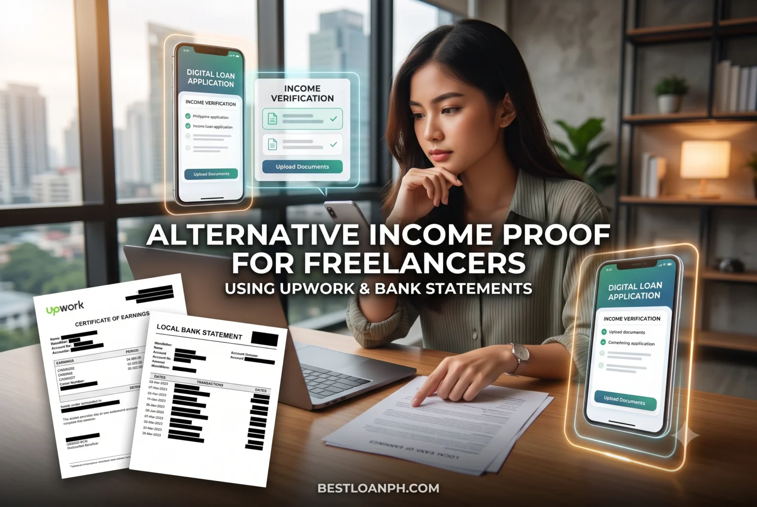 A realistic setup showing an Upwork Certificate of Earnings and a redacted local bank statement, used as alternative income proof for freelancers applying for digital personal loans.