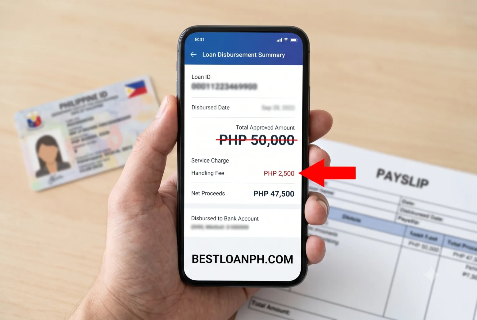 A realistic mobile app screenshot highlighting hidden handling fees deducted from a personal loan approval screen in the Philippines.