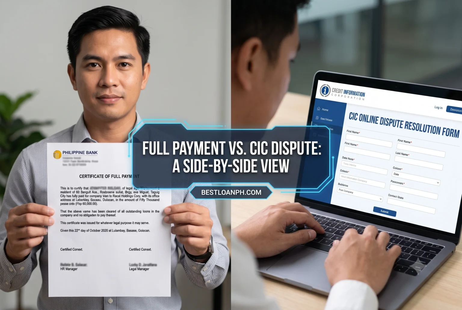A side-by-side view of a Certificate of Full Payment document and the CIC online dispute resolution form used by Philippine borrowers. A side-by-side view of a Certificate of Full Payment document and the CIC online dispute resolution form used by Philippine borrowers.