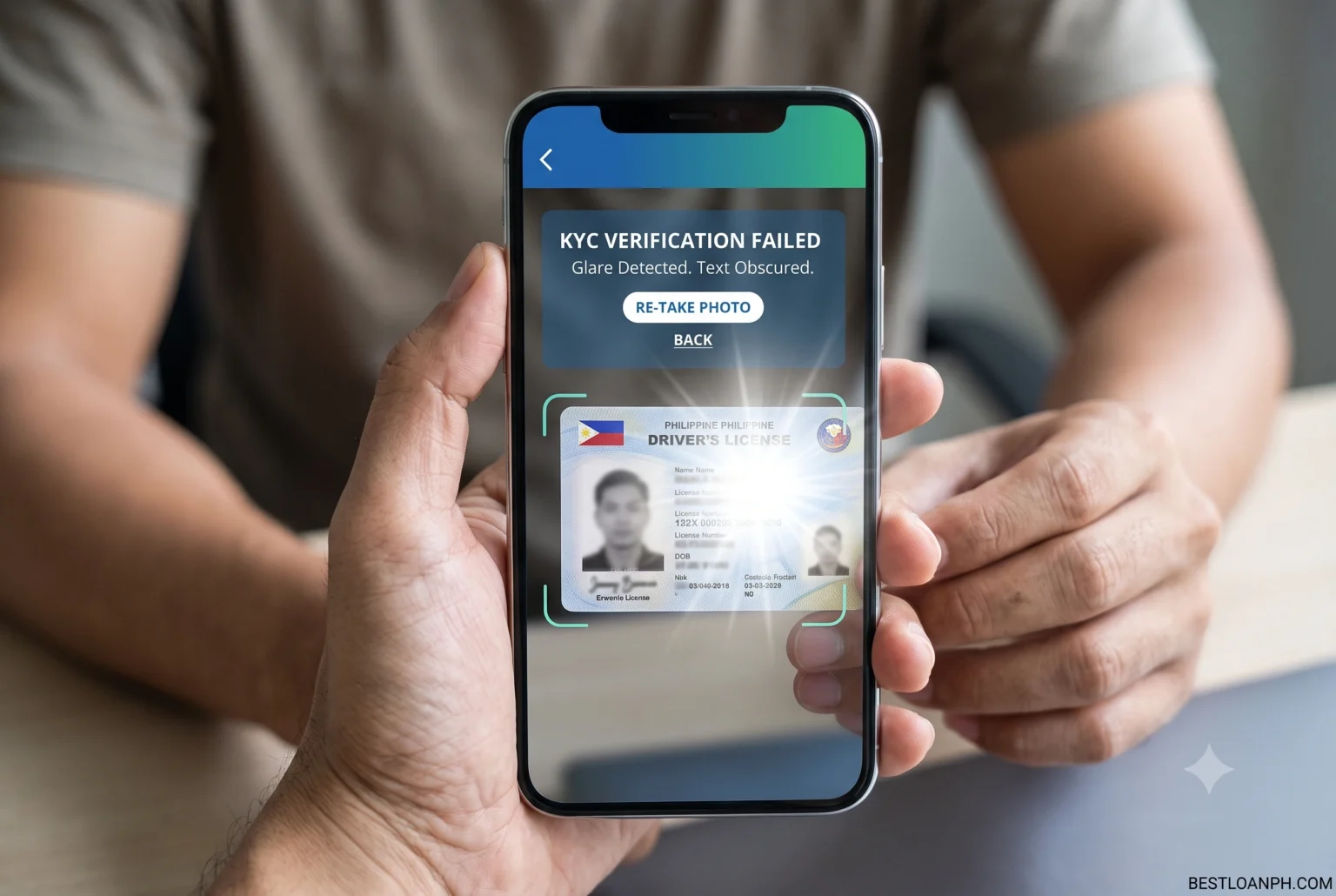 A first-person smartphone screenshot showing a failed e-KYC attempt on a lending app due to camera flash glare obscuring the text on a Philippine Driver's License