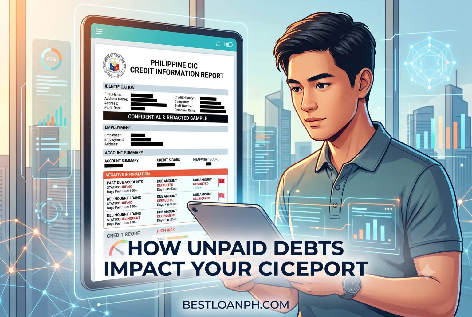 An anonymized CIC Credit Report sample showing a table of 90-day past-due markers highlighted in red A redacted sample of a Philippine CIC credit report demonstrating how unpaid debts appear as negative data to banks.