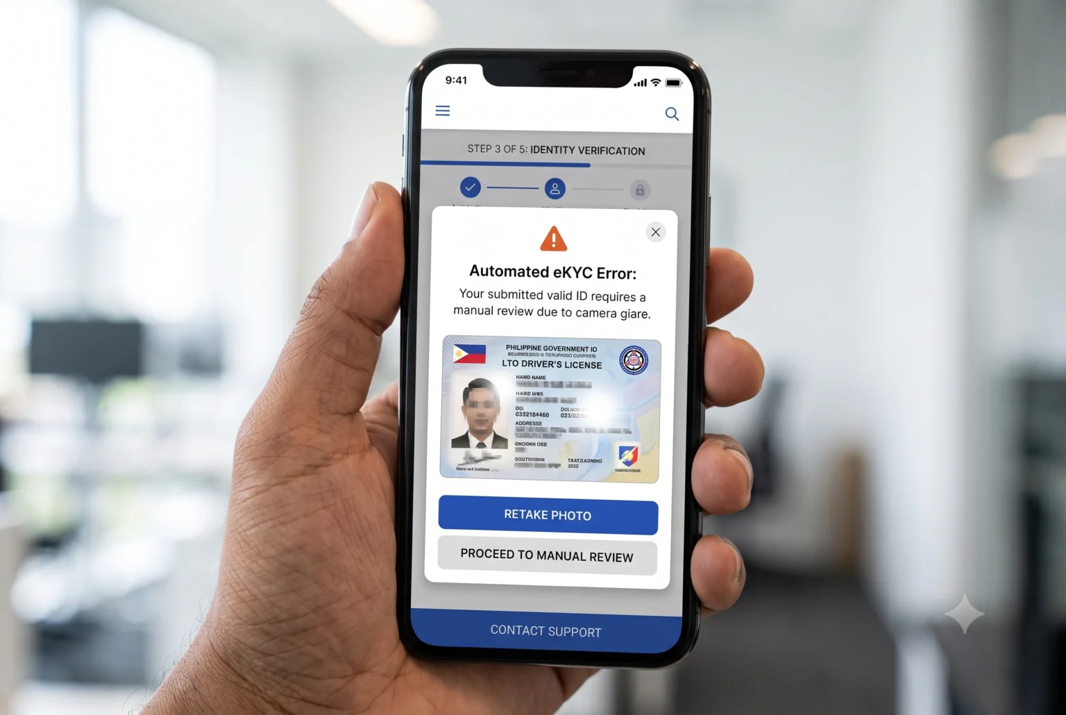 A realistic smartphone UI screenshot of a digital loan application showing an automated eKYC error message stating the submitted valid ID requires a manual review due to camera glare.