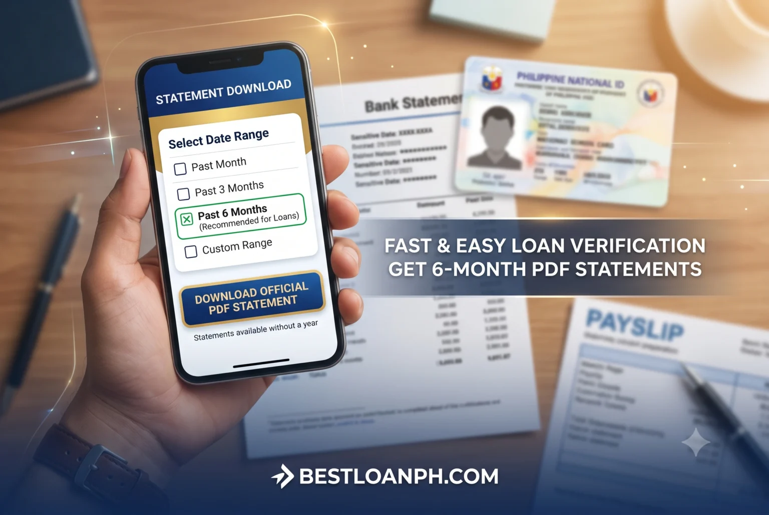 A first-person smartphone screenshot of a local banking app showing the user selecting a 6-month date range to download an official PDF bank statement for loan verification.