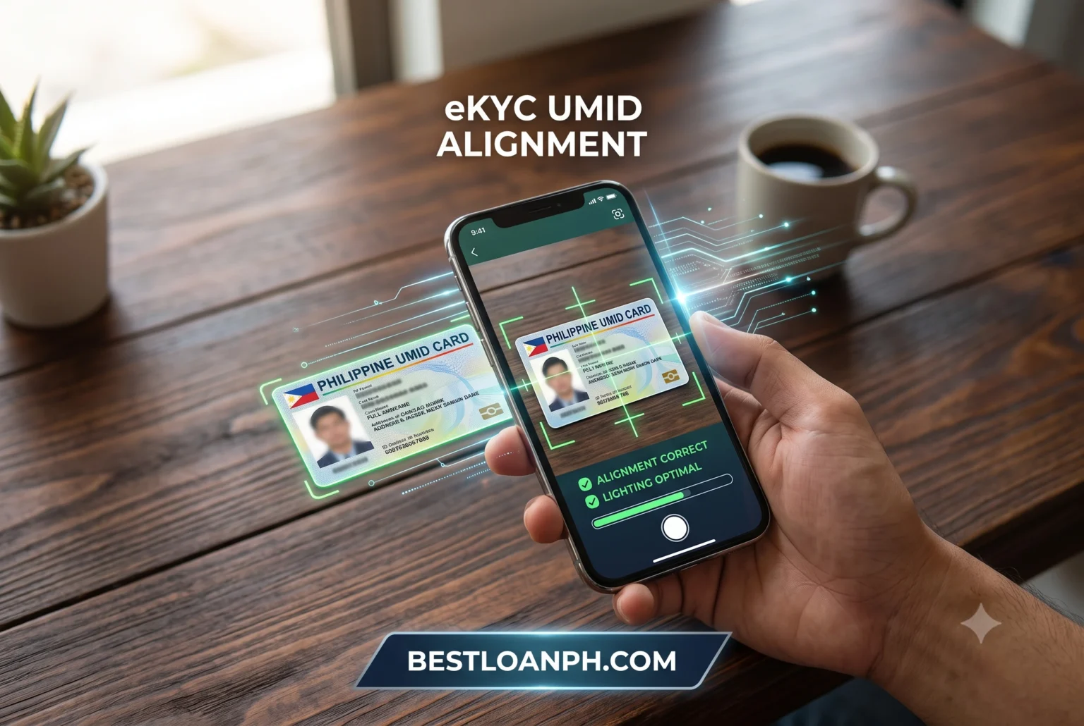 A first-person view of a smartphone screen capturing a UMID card on a dark wooden table, illustrating the correct alignment and lighting needed to pass automated banking eKYC scans.